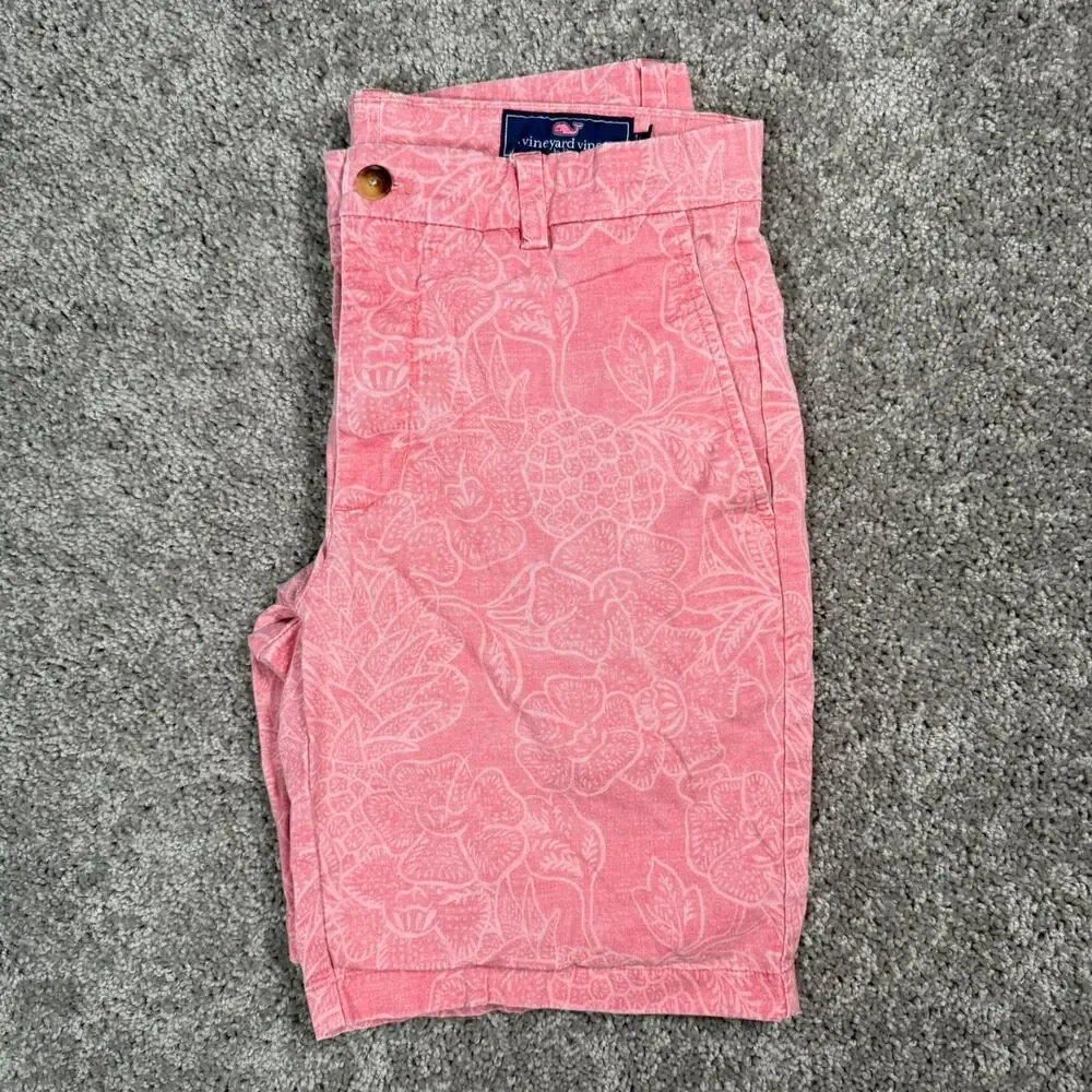 Vineyard Vines Mens 32 Chino Breaker Shorts Pink Cotton Hawaiian Floral Summer